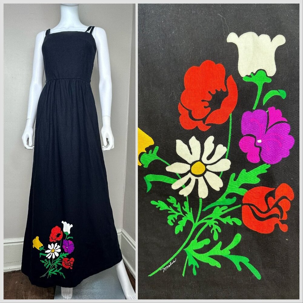 Vintage 1970s Black Maxi Dress with Floral Border Print, Malia Size XXS/XS